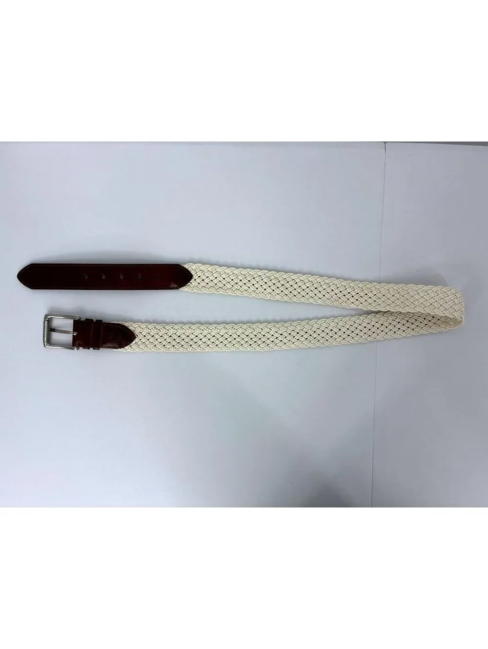 Nautica Woven Cotton and Leather Belt in Cream and Brown men's size 42